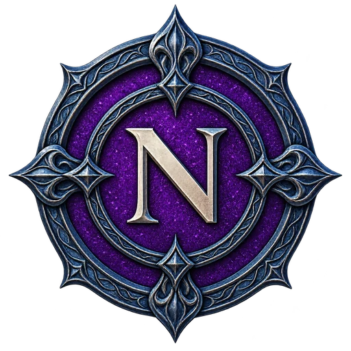 Nighthaven Enclave crest: a silver N on a violet gothic medallion.