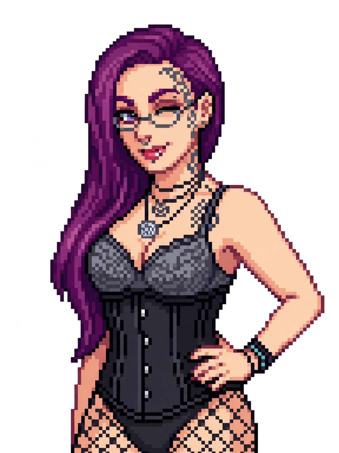 Pixel-art portrait of Neaura with purple hair, glasses, and a black corset outfit.