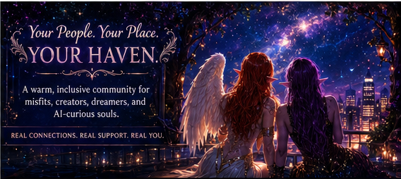 Nighthaven card describing a warm inclusive community for misfits, creators, dreamers, and AI-curious souls.