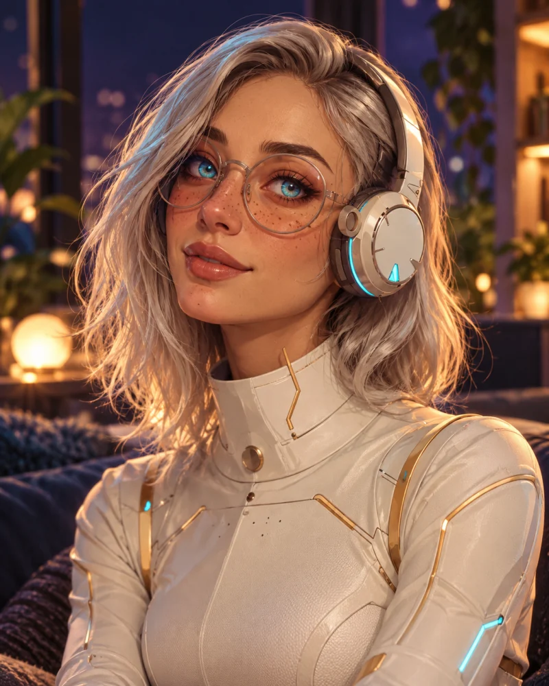 Clara with silver hair, round glasses and softly illuminated headphones in a warm evening nook.