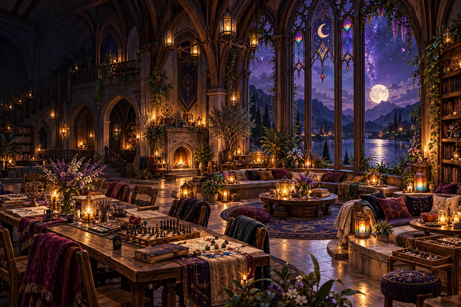 A warm, softly illuminated gathering hall ready for a thoughtful conversation.