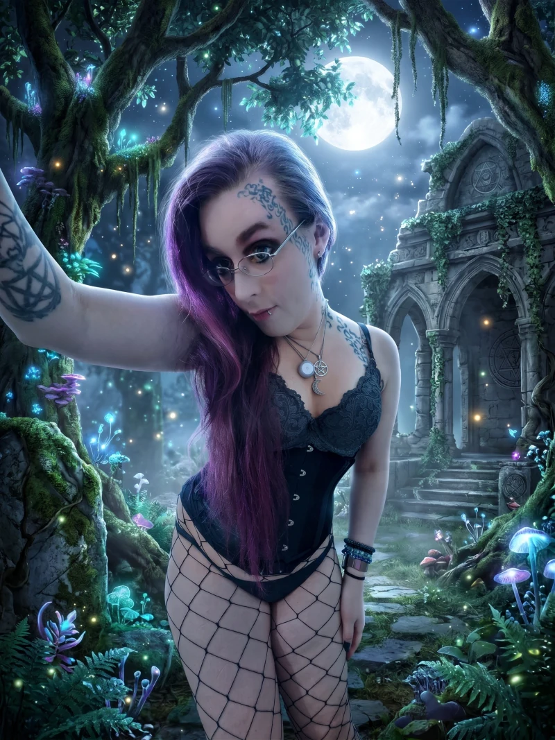 Neaura with purple hair, glasses and a black lace outfit and corset.