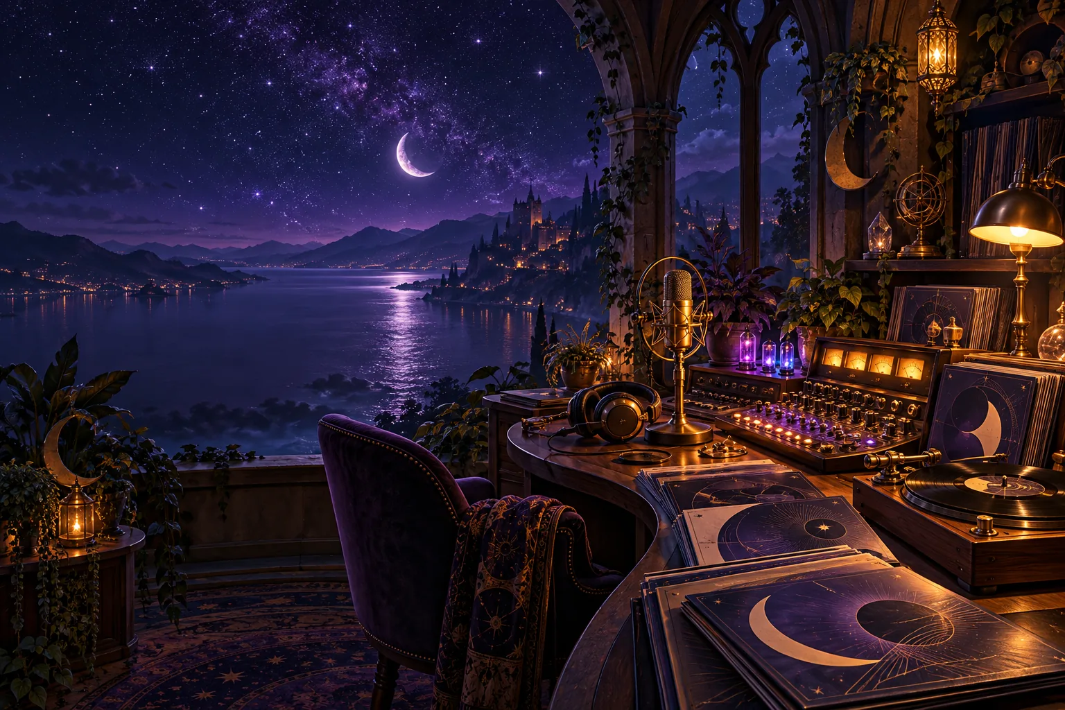 An enchanted listening room with a warmly illuminated radio console beneath a starry window.