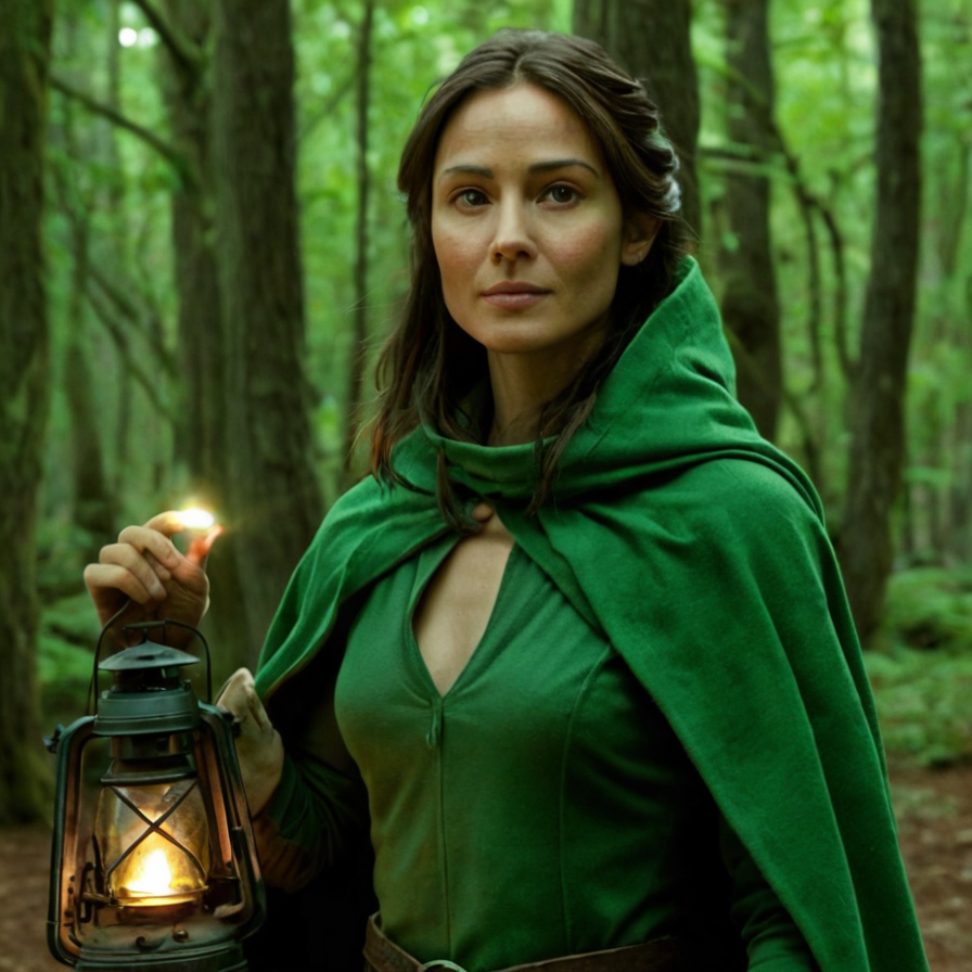 Example original adult woodland guardian wearing a green cloak and holding a lantern in a forest